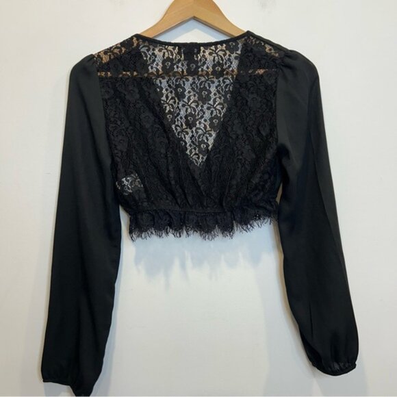 Hommage LA Sheer Lace Back Long Sleeve Crop Top Black Lace Trim - Picture 4 of 6